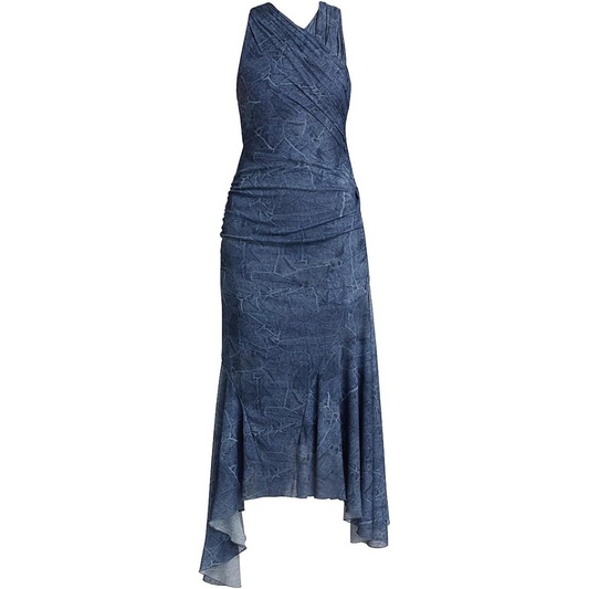 Ganni Marl Mesh Ruched Crossover Midi-Dress