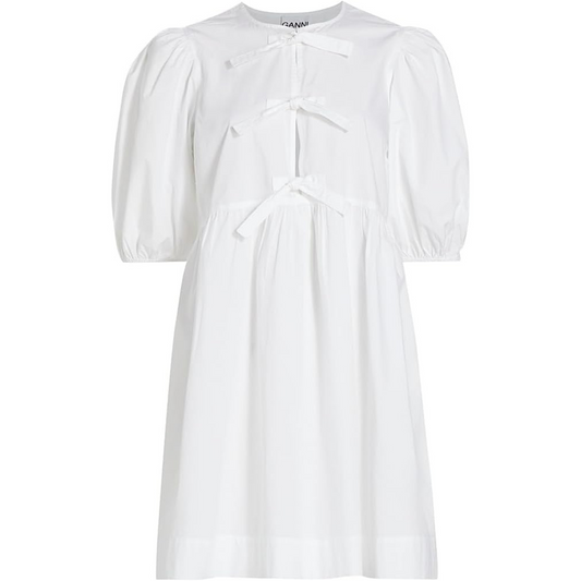 Ganni Poplin Bow Short-Sleeve Minidress