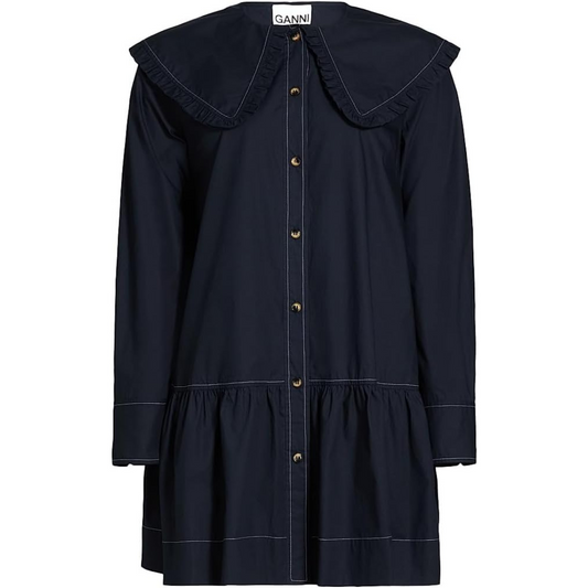 Ganni Poplin Ruffle-Trim Mini Shirtdress