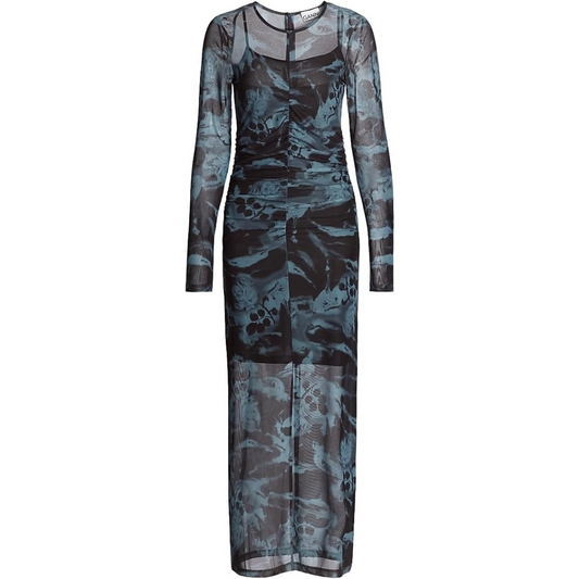 Ganni Printed Mesh Ruched Maxi Dress