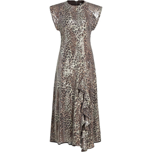 Ganni Sequined Leopard Ruffle Midi-Dress