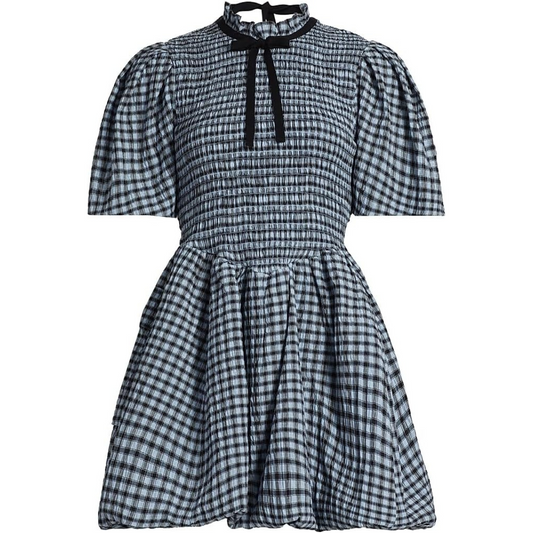 Ganni, Smocked Check Cotton-Blend Seersucker Minidress