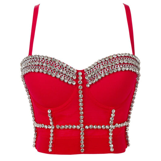 Rhinestone Accented Corset Crop Top-Red