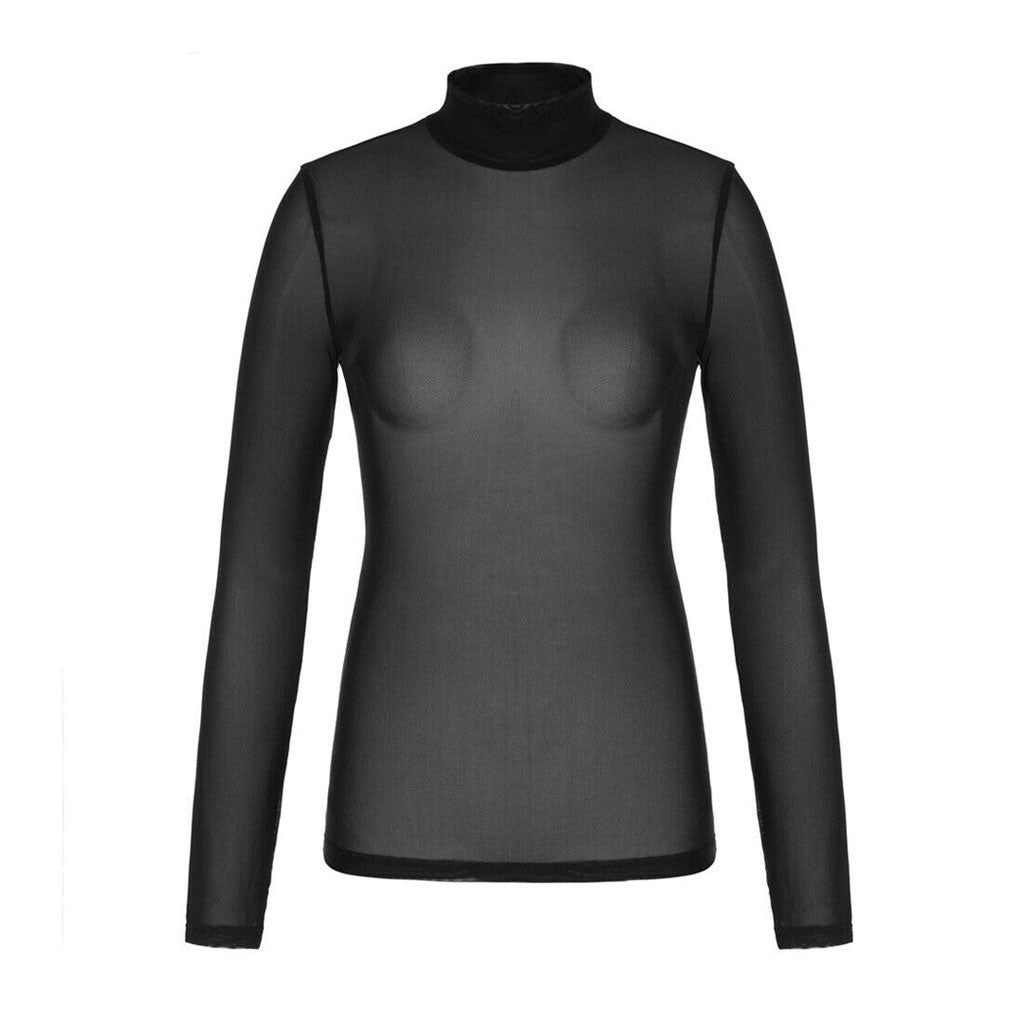 Long Sleeve Sheer Mesh Turtleneck-Black