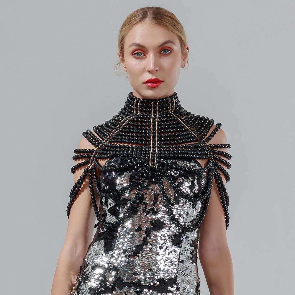 Pearl Chain Shawl Necklace-Black