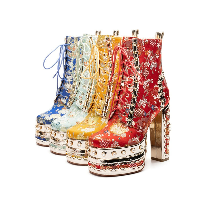 Silk Embroider Chinoiserie Floral Super High Heel Boots-Multiple Options