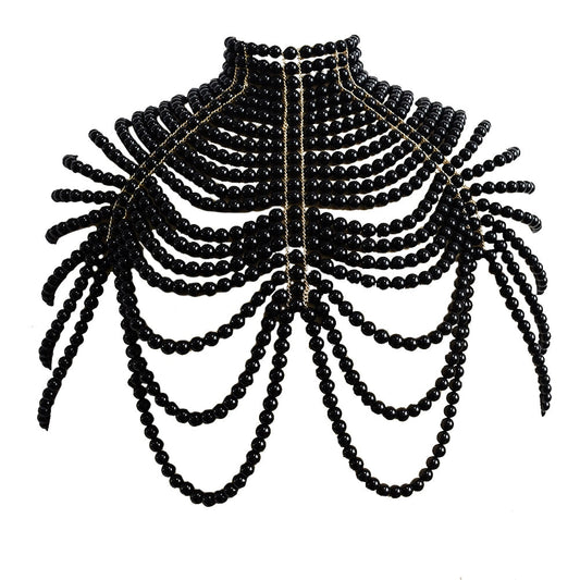 Pearl Chain Shawl Necklace-Black