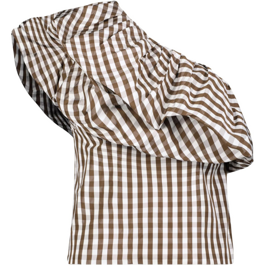Lela Rose Plaid Taffeta One Shoulder Top-Walnut
