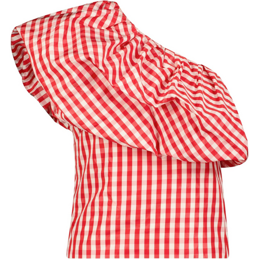 Lela Rose Plaid Taffeta One Shoulder Top-Poppy