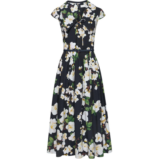 Oscar de la Renta Cherry Blossom Cotton Poplin Pleated Dress