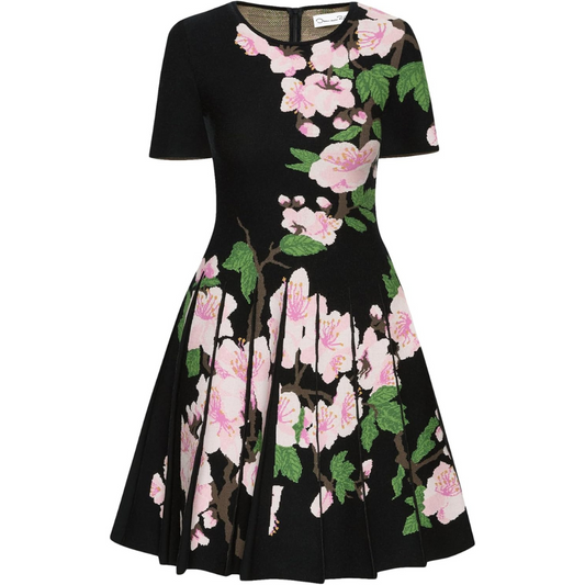 Oscar de la Renta Cherry Blossom Pleated Jacquard Dress