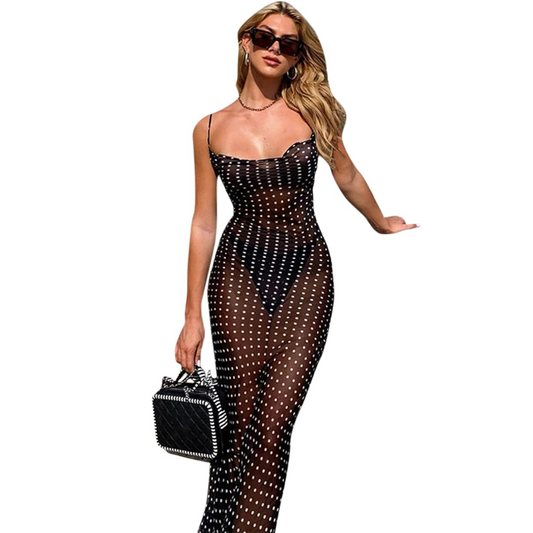 Sleeveless Bandage Point Polka Dot Print Mesh See Through Maxi Dress