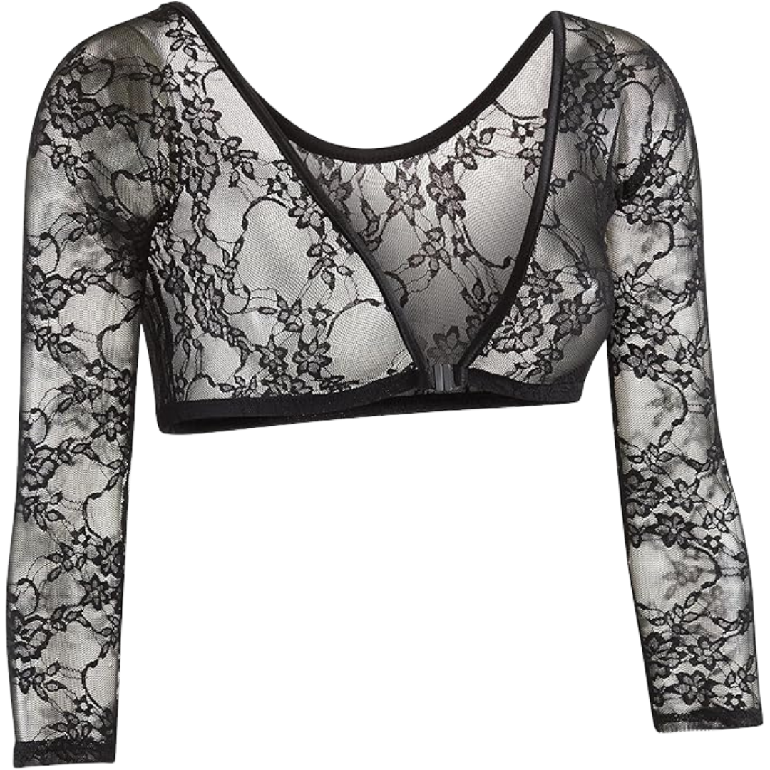 3/4 Length Sleeve Floral Lace Crop Top-Black