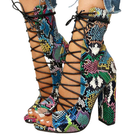 Serpentine Gladiator Lace Up High Heels-Multicolored
