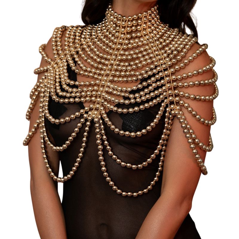 Pearl Chain Shawl Necklace-Gold