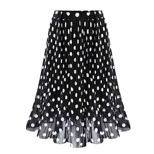 Polka Dot Pleated Midi Skirt-Black