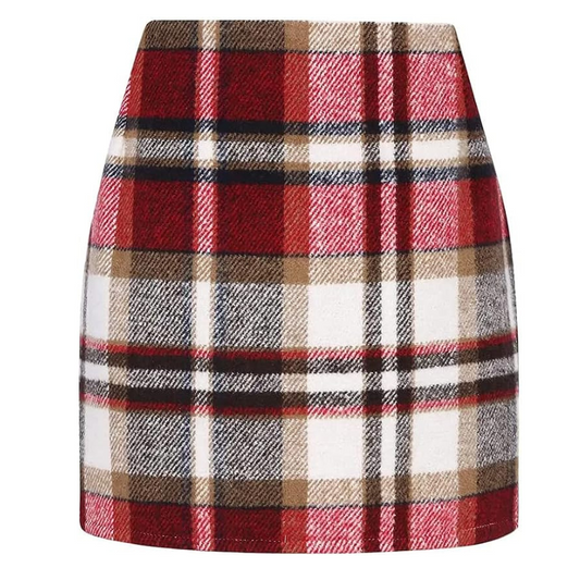High Waisted Wool Pencil Mini Skirt-Plaid