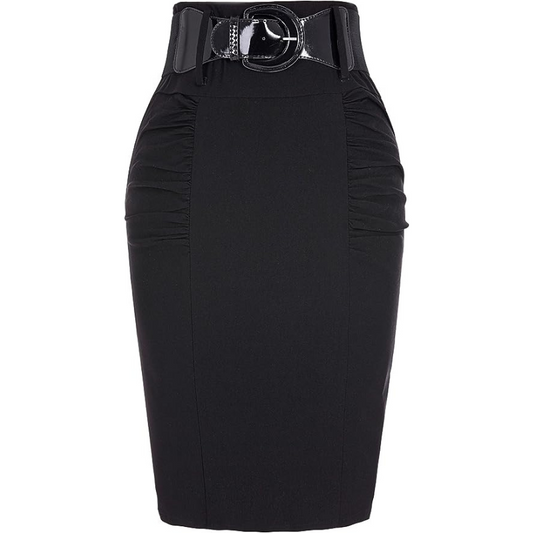 Belle Poque Stretchy Pencil Skirt Side Pleated Business Skirt with Belt