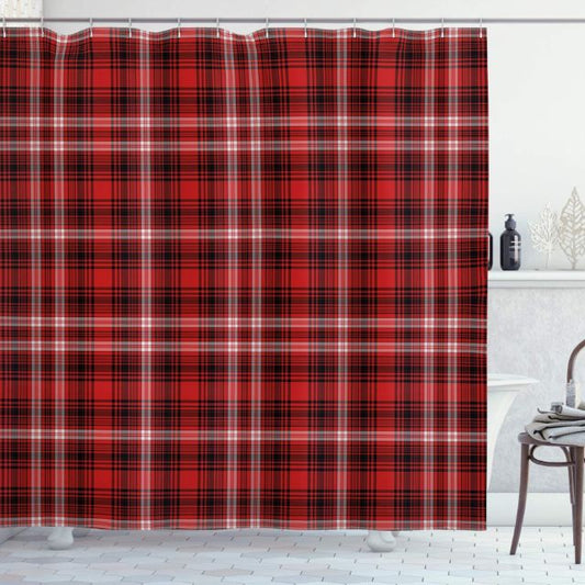 Ambesonne Plaid Shower Curtain, Nostalgic Striped Pattern from British Country Constrasting Colors, Cloth Fabric Bathroom Decor Set with Hooks, 69" W x 70" L, Scarlet Charcoal White