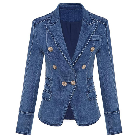 Double Breasted Denim Blazer Jacket-Blue