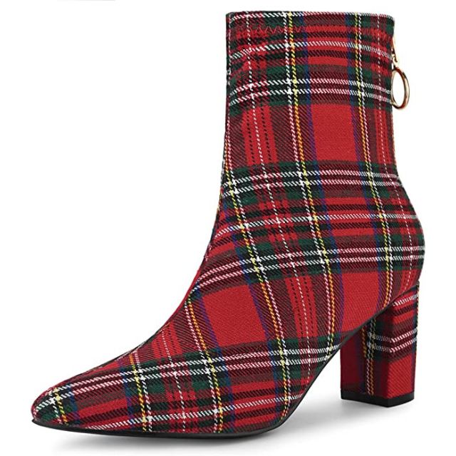 Allegra K Pointed Toe Zipper Chunky Heels Ankle Boots-Red