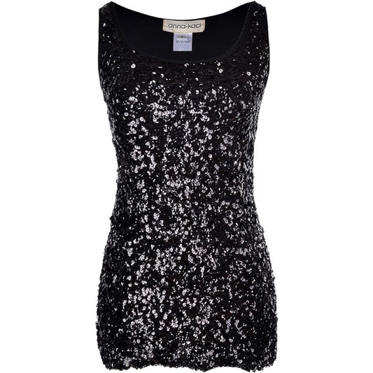 Anna Kaci Round Neck Sleeveless Sequin Embellished Top-Black