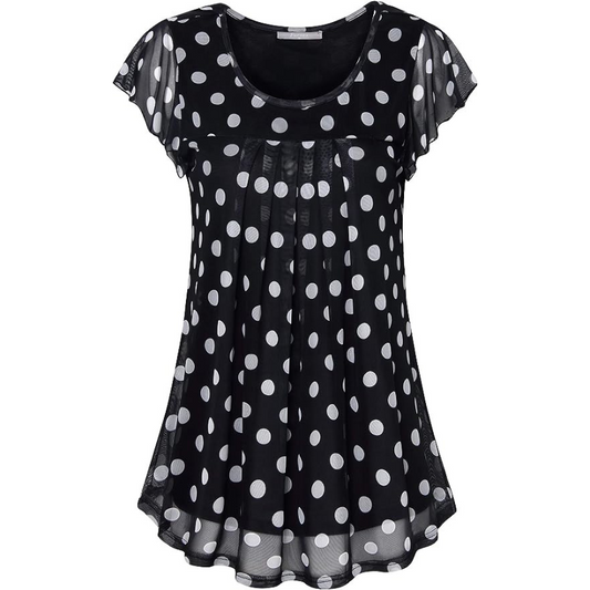 Short Sleeve Pleated Mesh Top-Polka Dot