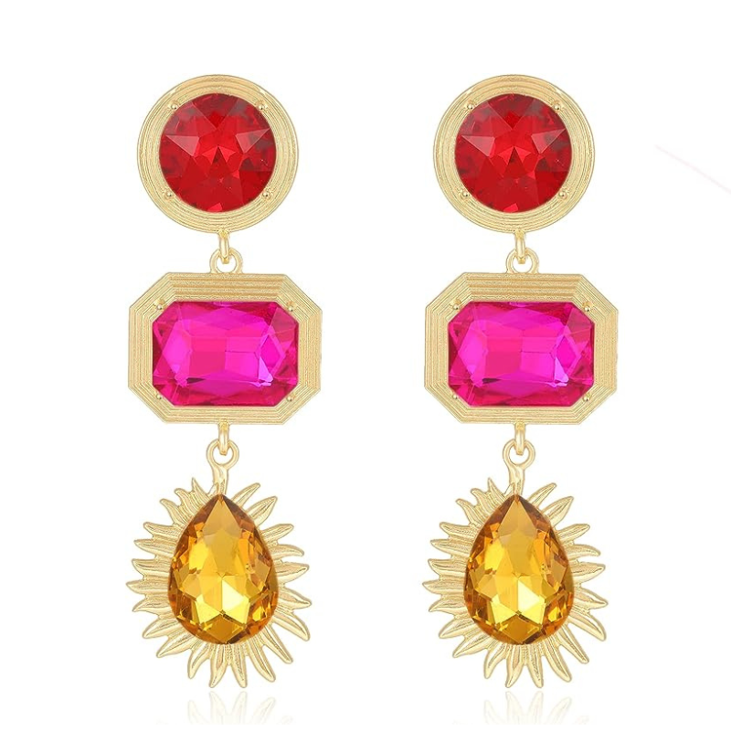 VANGETIMI Hot Pink Colorful Rhinestone Statement Drop Dangle Earrings