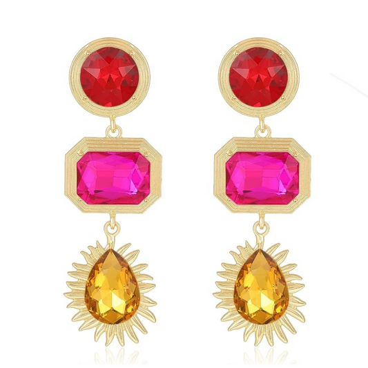 VANGETIMI Hot Pink Colorful Rhinestone Statement Drop Dangle Earrings