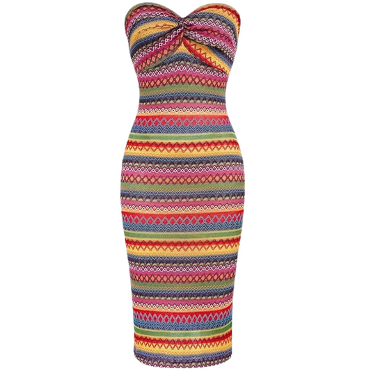 MakeMeChic Women's Twist Strapless Bandeau Tube Dress Geo Striped Sleeveless Long Bodycon Sundress-Multicolor