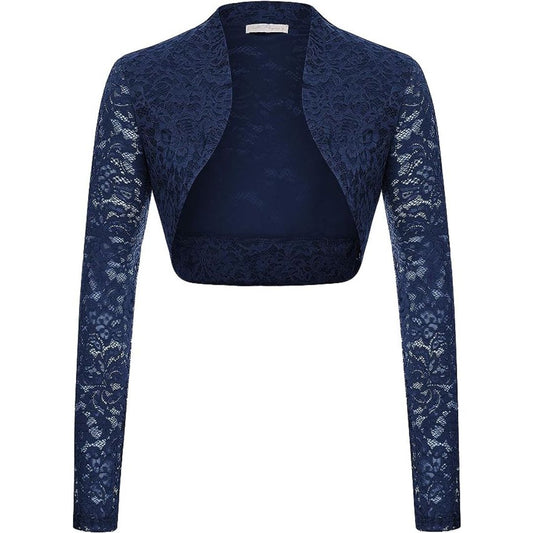 Belle Poque Long Sleeve Floral Lace Shrug Bolero Cardigan-Navy