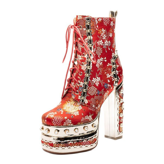Silk Embroider Chinoiserie Floral Super High Heel Boots-Multiple Options