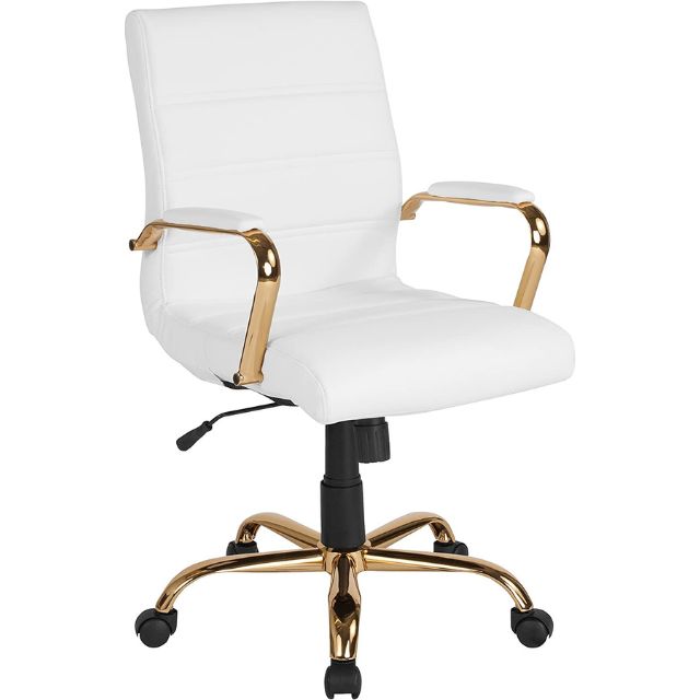 Flash Furniture Whitney Mid-Back Desk Chair - White LeatherSoft Executive Swivel Office Chair with Gold Frame - Swivel Arm Chair