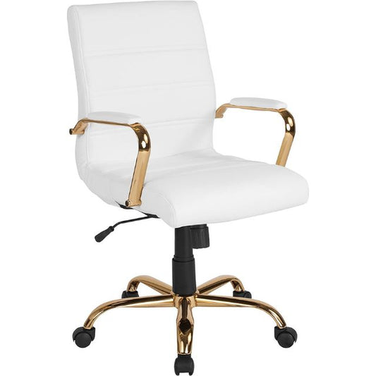 Flash Furniture Whitney Mid-Back Desk Chair - White LeatherSoft Executive Swivel Office Chair with Gold Frame - Swivel Arm Chair