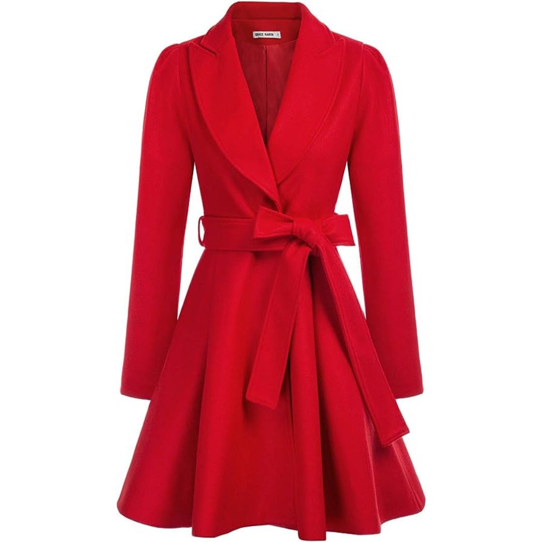 Grace Karin Puff Sleeve A Line Pea Coat with Self Tie Belt