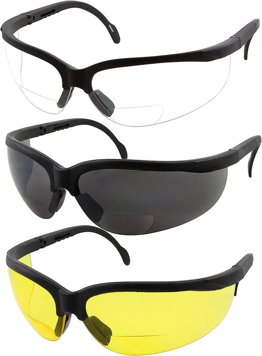 GrinderPUNCH 3 Pairs Combo Bifocal Safety Reading Glasses - Assorted Colors Clear Black Yellow Lens - With Side Cover (Diopter +2.50)