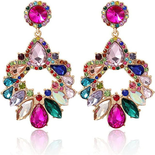 Crystal Teardrop Chandelier Earrings-Multicolour