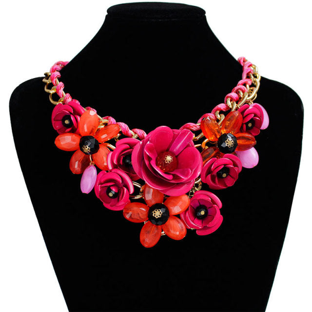 Romantic Floral Bouquet Statement Necklace-Rose