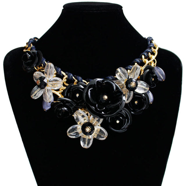 Romantic Floral Bouquet Statement Necklace-Black