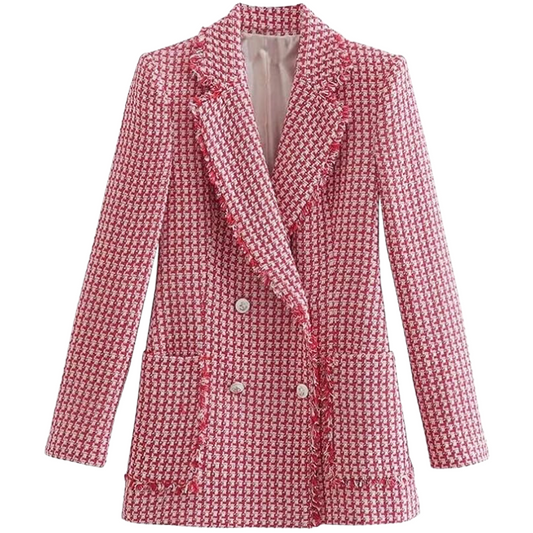 Double Breasted Tweed Fringe Edge Blazer Coat Vintage Long Sleeve Flap Pockets