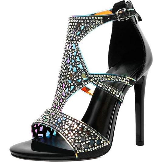 Zamikoo Open Toe Rhinestone Heels-Black