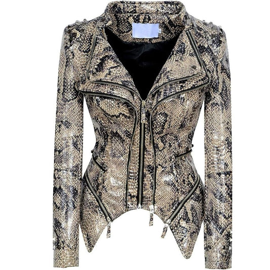 Snake Pattern Print Studded Moto Pu Leather Biker Jacket