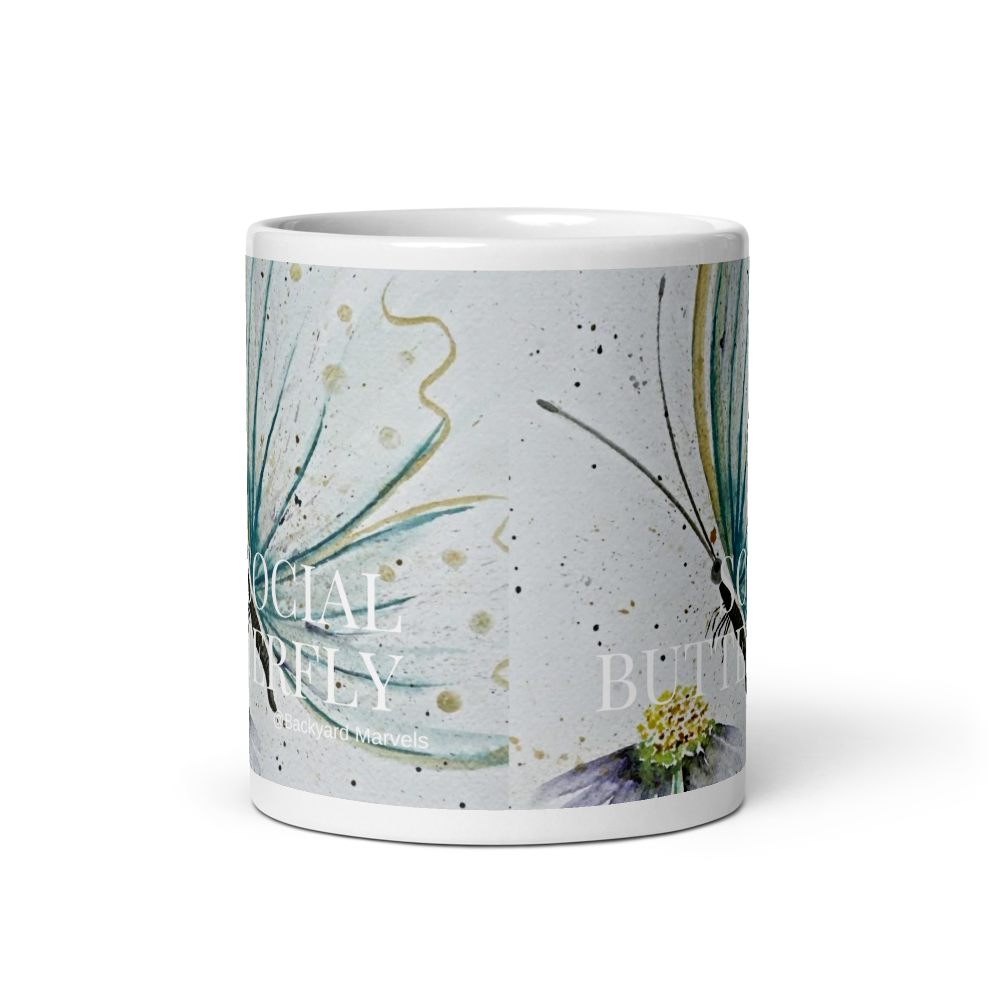 Social Butterfly @Backyard Marvels Watercolor White Glossy Mug