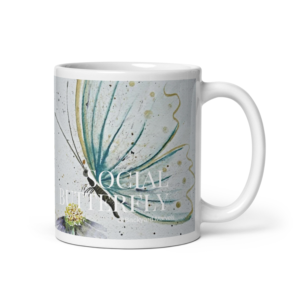 Social Butterfly @Backyard Marvels Watercolor White Glossy Mug