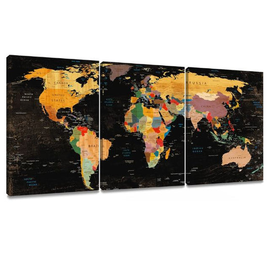Decor MI World Map Wall Canvas Art- Black