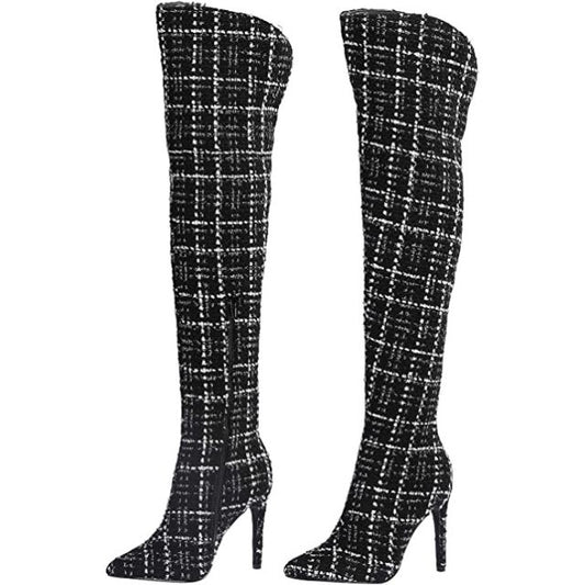 Stupmary Women Pointed Toe Sparkle Sequins Over the Knee Boots-White Plaid