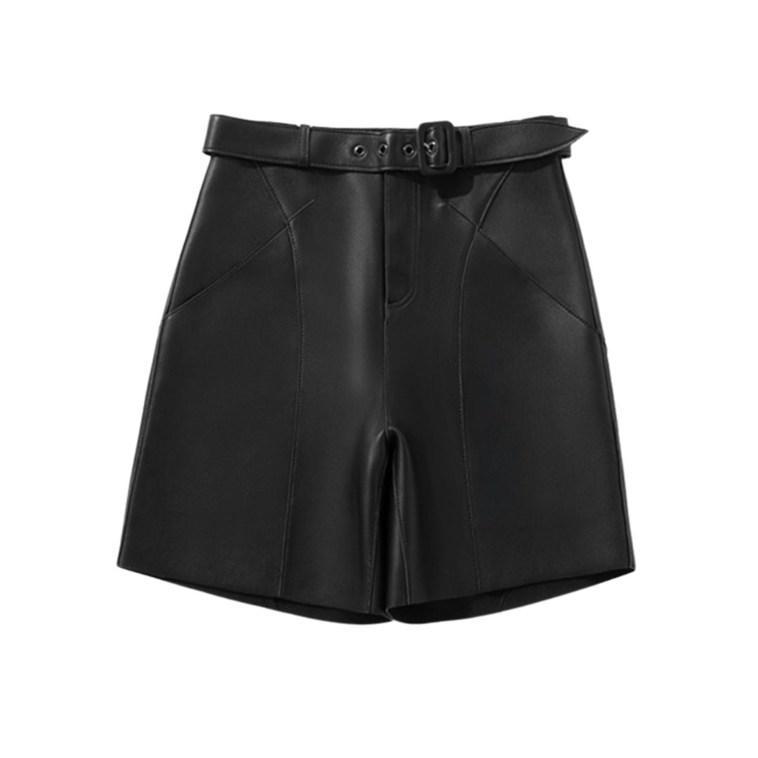 Faux Leather Belted PU Shorts-Khaki/Black