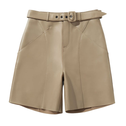 Faux Leather Belted PU Shorts-Khaki/Black