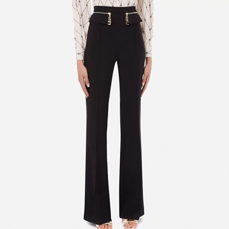 High Waist Wide Leg Chain Zipper Pants-Black
