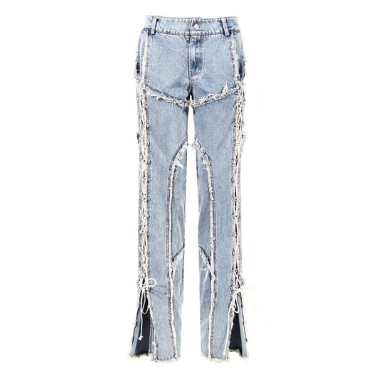 Fringe Stitched Rope Lace Up Straight Jean Pants-Light Blue